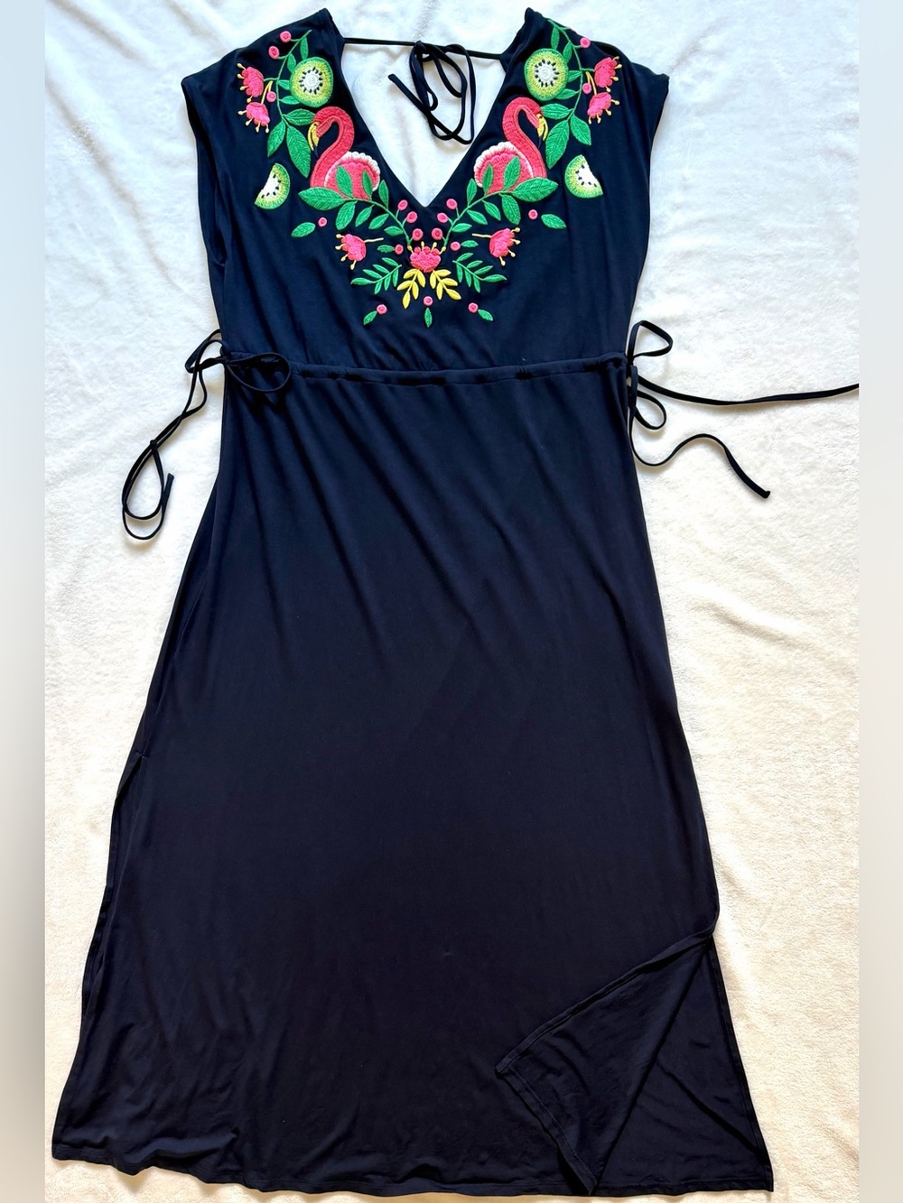 Boden Navy Knit Embroidered V-Neck Maxi Dress with Adjustable Ties
